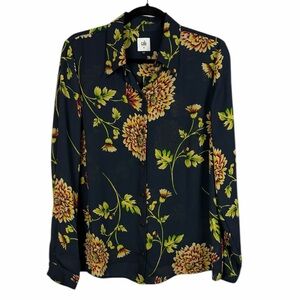 Cabi Chic Floral Semi-Sheer Long Sleeve Button Front Blouse Medium Navy Blue
